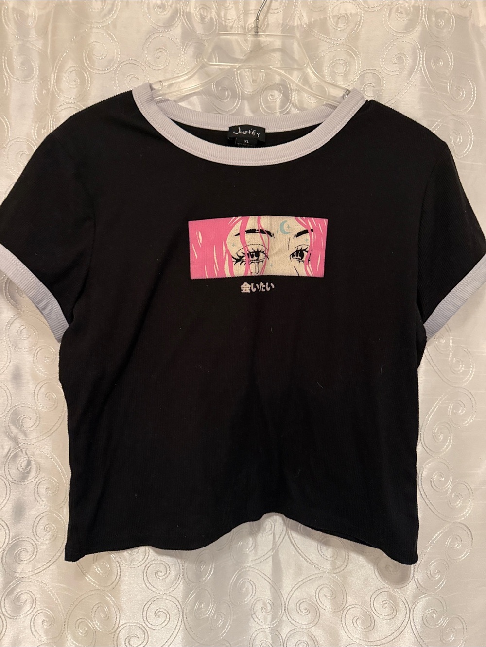 Justify ROMWE Kawaii Crop Tee with Pink Anime Eye Graphic Girls Size XL 🔥 B3